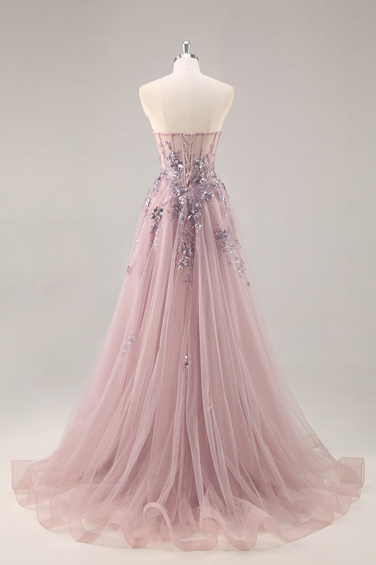 Sparkly Grey Pink Corset Sweetheart Long Prom Dress with Appliques