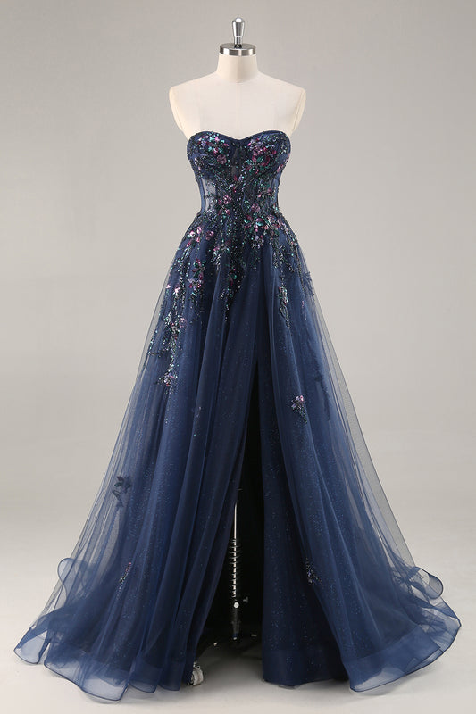 Sparkly Navy Corset Sweetheart Long Prom Dress with Appliques
