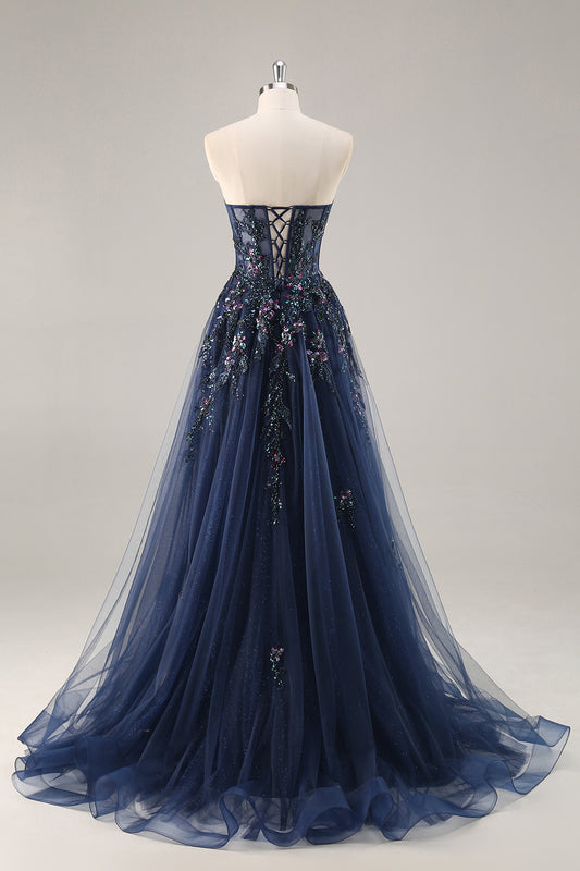 Sparkly Navy Corset Sweetheart Long Prom Dress with Appliques