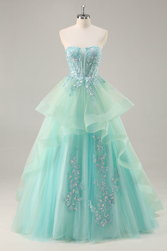 Sparkly Green Corset Strapless Long Prom Dress with Ruffles