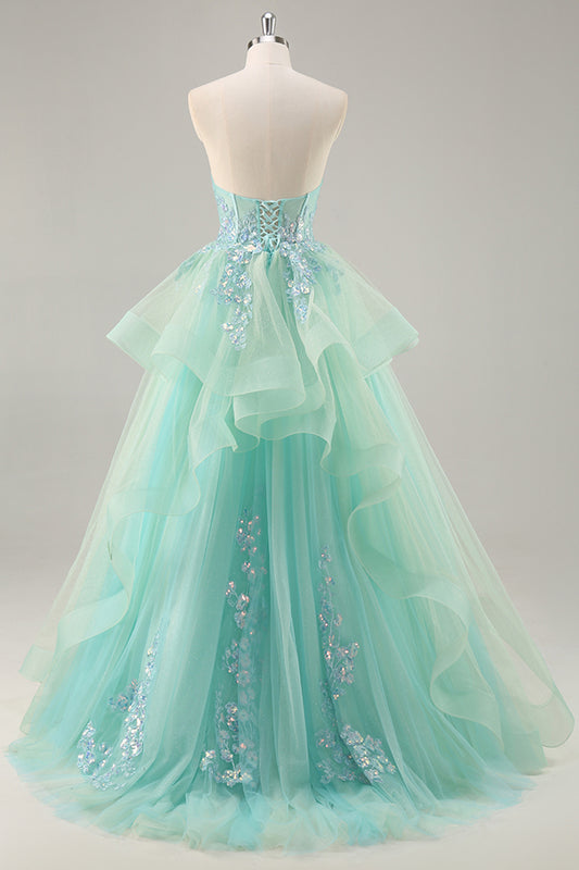 Sparkly Green Corset Strapless Long Prom Dress with Ruffles