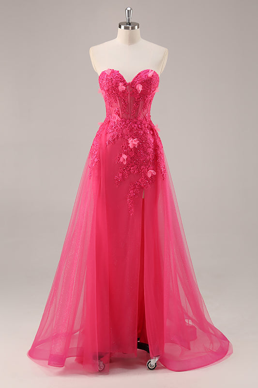 Fuchsia Floral Corset Sweetheart Tulle Long Prom Dress with Slit