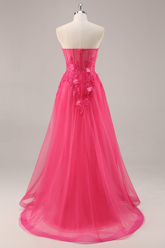 Fuchsia Floral Corset Sweetheart Tulle Long Prom Dress with Slit
