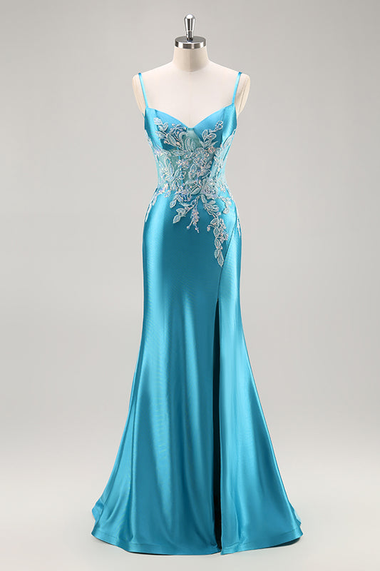 Blue Corset Appliqued Satin Mermaid Long Prom Dress with Slit