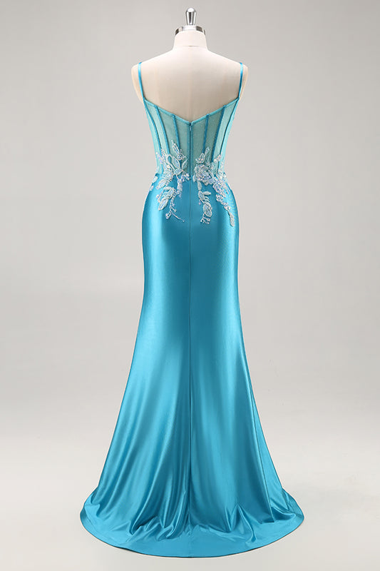 Blue Corset Appliqued Satin Mermaid Long Prom Dress with Slit