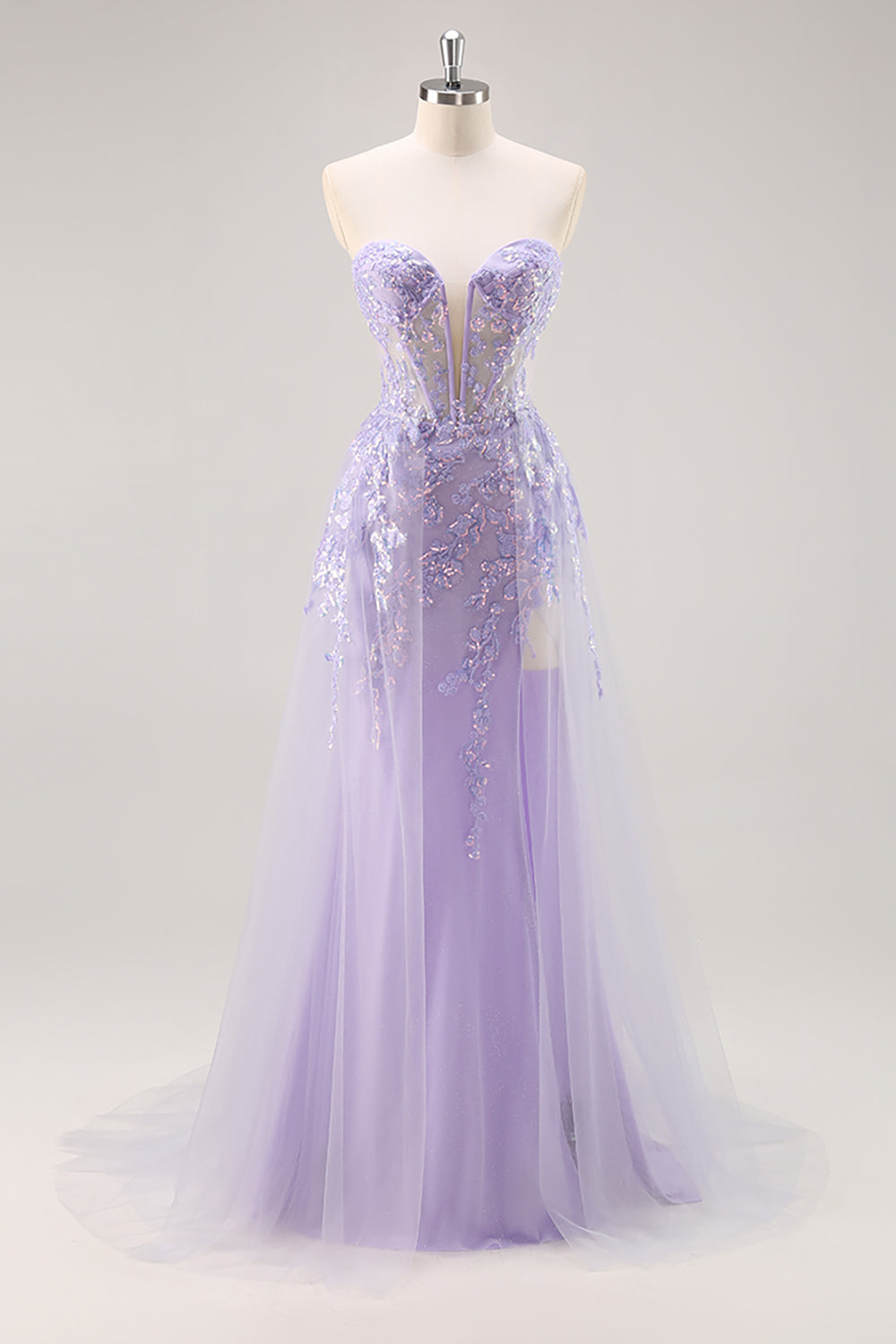 Zapakasa Women Sparkly Lilac Corset Long Prom Dress with Appliques