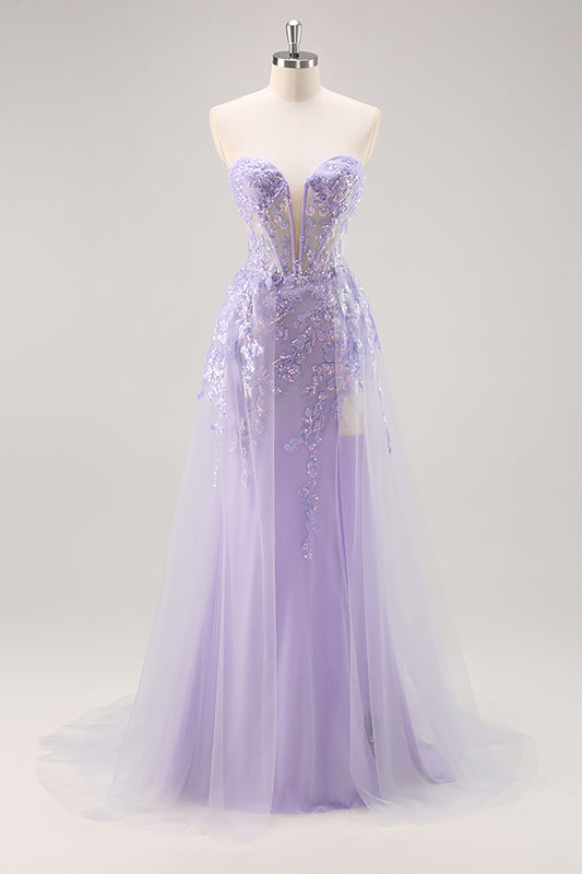 Sparkly Lilac Tulle Strapless Corset Long Prom Dress with Appliques