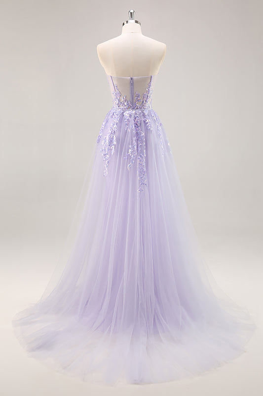 Sparkly Lilac Tulle Strapless Corset Long Prom Dress with Appliques
