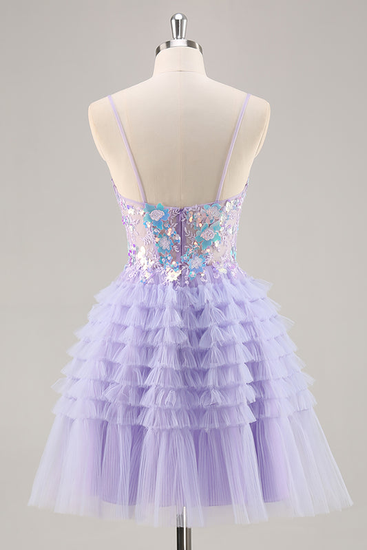 Sparkly Purple Floral Corset Tiered Short Homecoming Dress with Ruffles