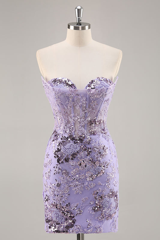 Sparkly Purple Corset Sequin Floral Short Homecoming Dress with Lace