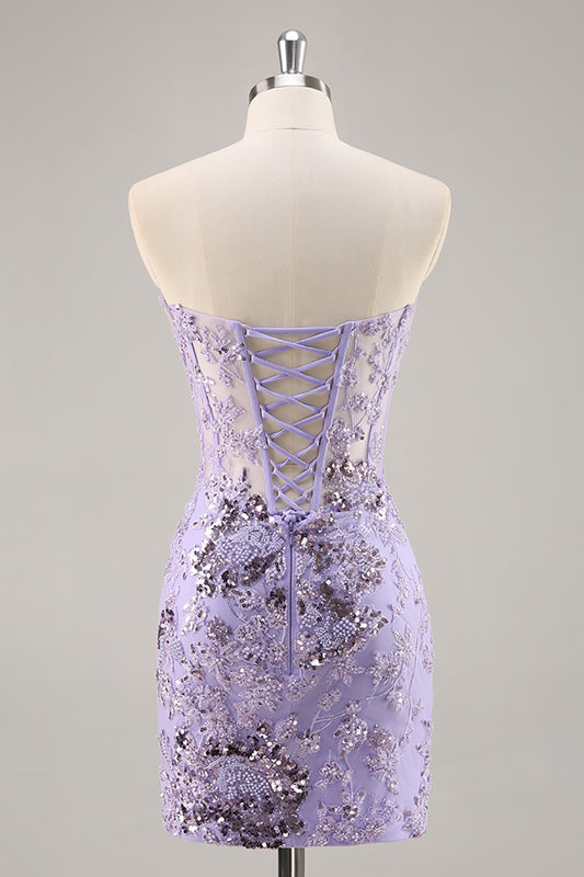 Sparkly Purple Corset Sequin Floral Short Homecoming Dress with Lace