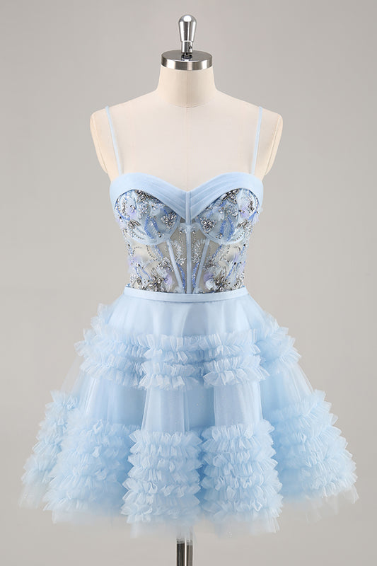 Sparkly Blue Corset Floral Ruffled Short Homecoming Dress with Beading