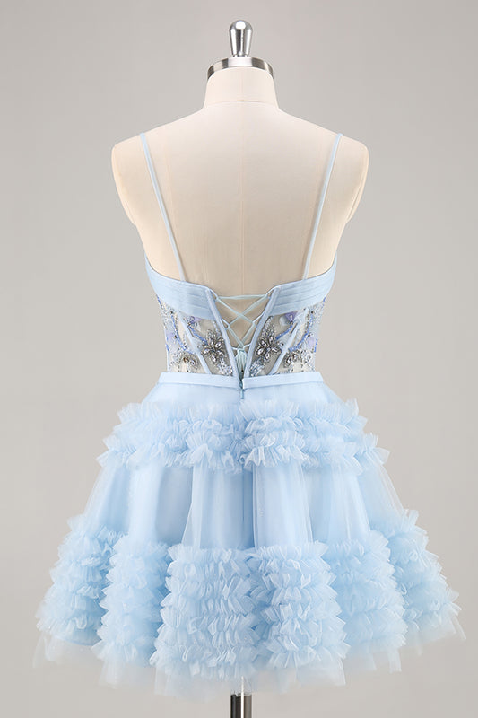 Sparkly Blue Corset Floral Ruffled Short Homecoming Dress with Beading