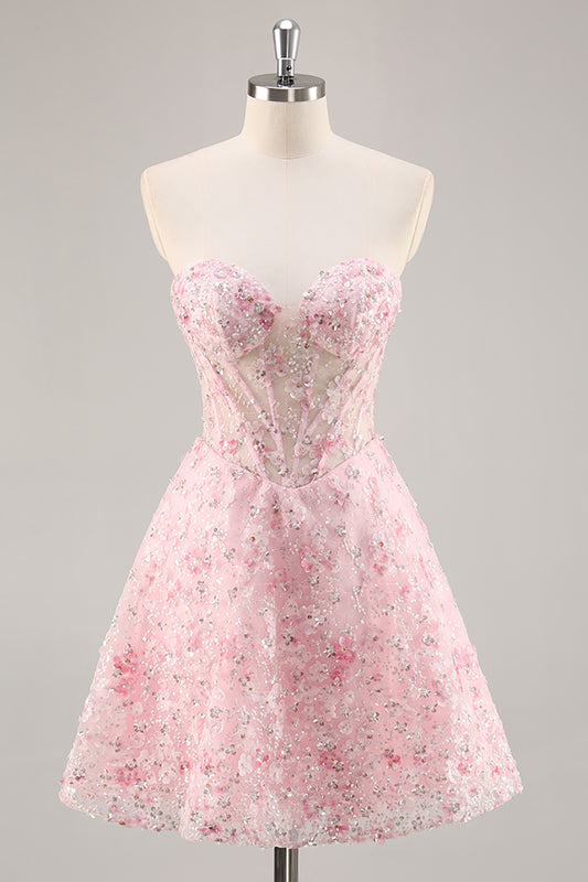 Sparkly Pink Corset Floral Sweetheart Short Homecoming Dress with Sequins