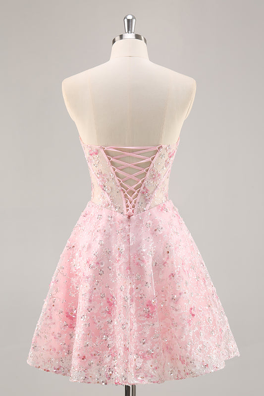 Sparkly Pink Corset Floral Sweetheart Short Homecoming Dress with Sequins