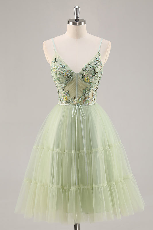 Green Floral Corset Tulle Short Homecoming Dress with Appliques