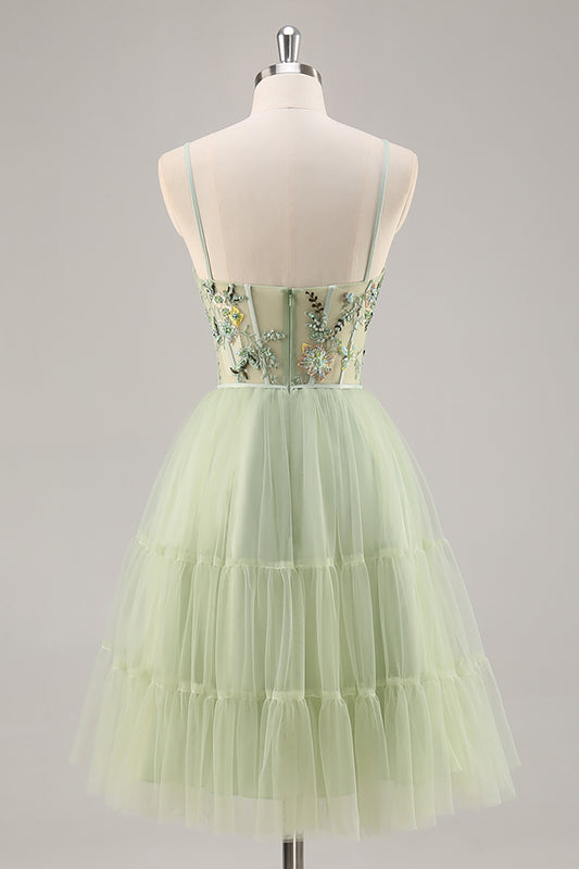 Green Floral Corset Tulle Short Homecoming Dress with Appliques