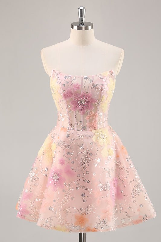 Sparkly Pink Floral Short Homecoming Dress with Beading Corset Strapless A Line Cocktail Dress with Beading