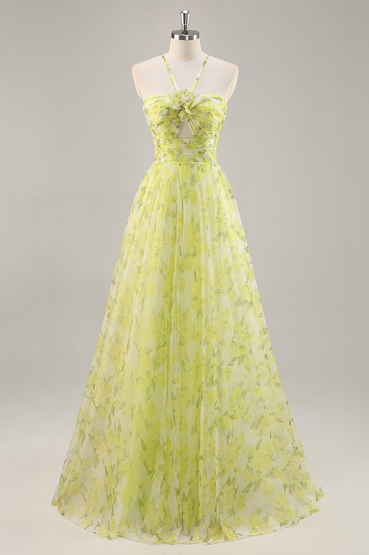 Yellow Green Floral Ruched Tulle Long Prom Dress with Keyhole