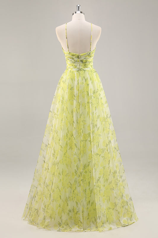 Yellow Green Floral Ruched Tulle Long Prom Dress with Keyhole
