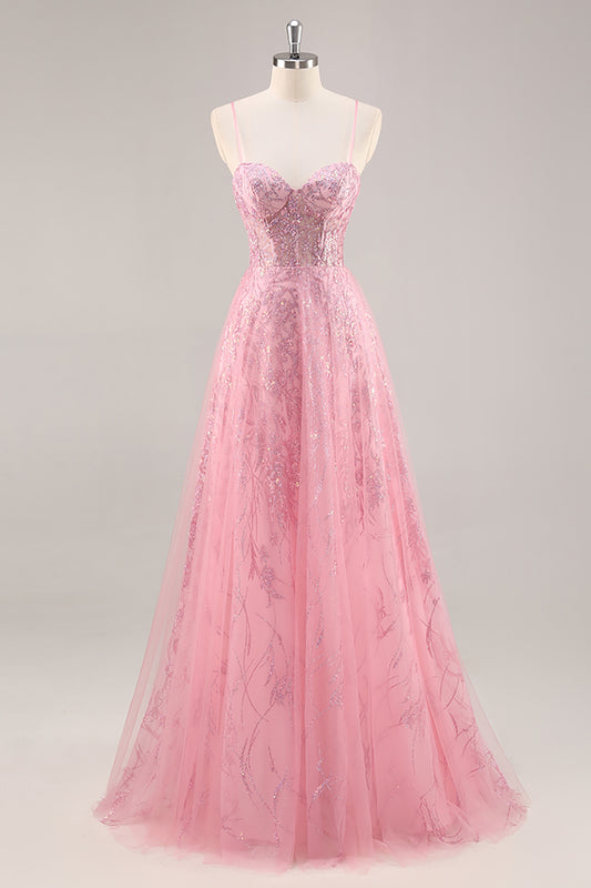 Sparkly Pink Corset Tulle Spaghetti Straps Long Prom Dress with Sequins