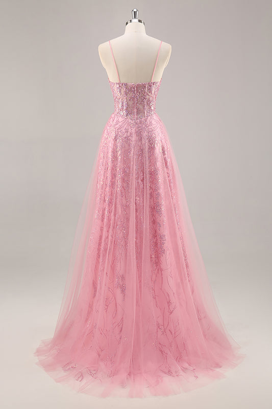 Sparkly Pink Corset Tulle Spaghetti Straps Long Prom Dress with Sequins