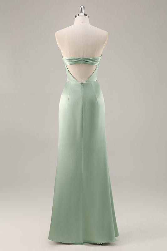 Sage Green Satin Strapless Ruched Long Bridesmaid Dress with Slit