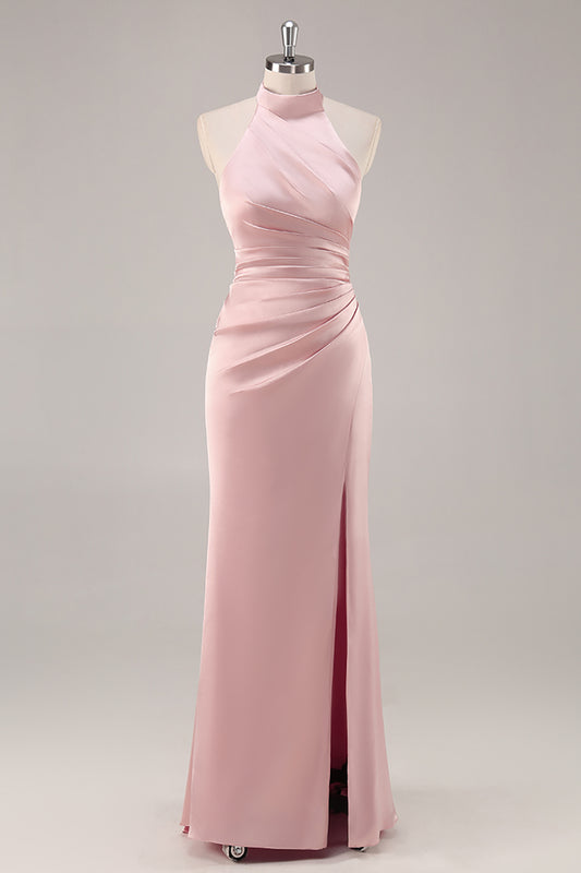 Blush Satin Mermaid Halter Ruched Long Bridesmaid Dress with Slit
