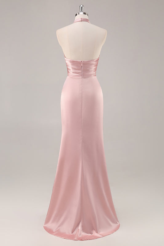 Blush Satin Mermaid Halter Ruched Long Bridesmaid Dress with Slit