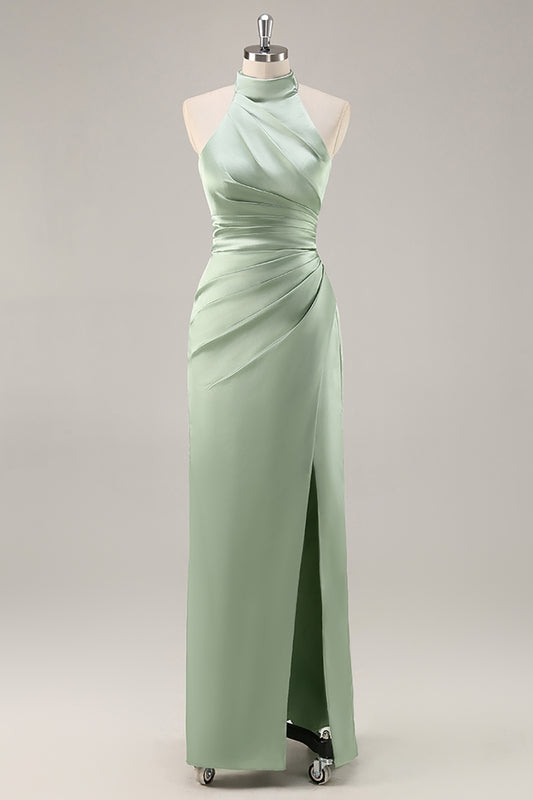 Sage Green Satin Halter Ruched Mermaid Long Bridesmaid Dress with Slit