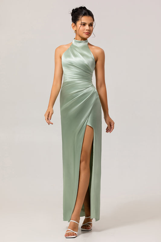Sage Green Halter Mermaid Satin Long Bridesmaid Dress with Slit