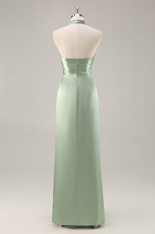 Sage Green Satin Halter Ruched Mermaid Long Bridesmaid Dress with Slit