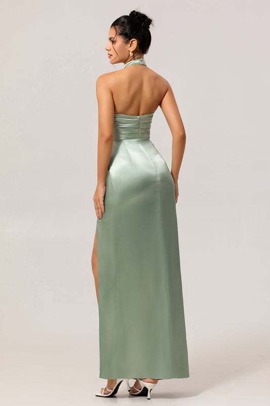 Sage Green Halter Mermaid Satin Long Bridesmaid Dress with Slit