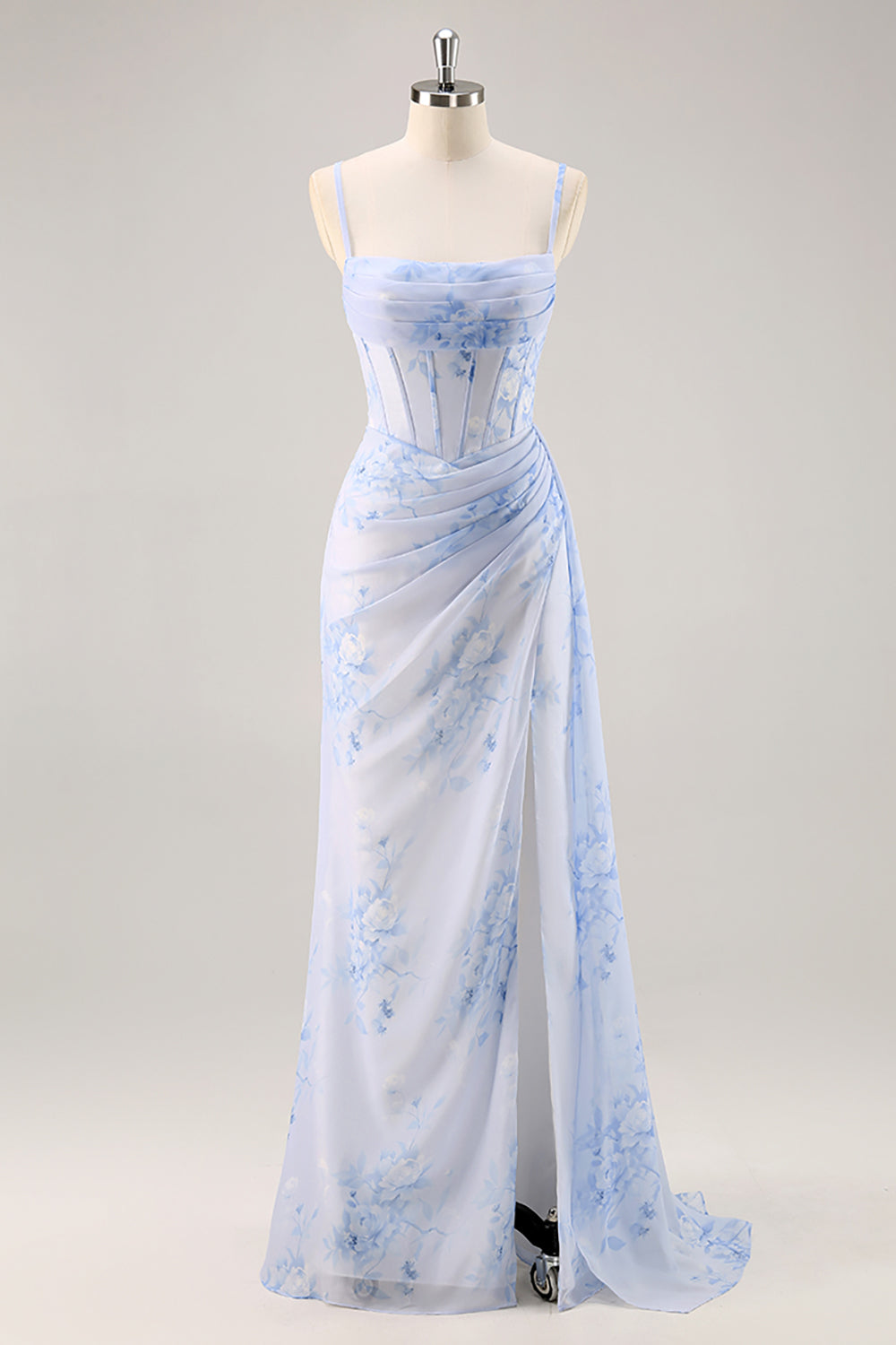 Zapakasa Women Blue Floral Corset Long Bridesmaid Dress with Slit Ruched Sheath Spaghetti Straps Chiffon Wedding Guest Dress with Side Cape Zapakasa Women Blue Floral Corset Long Bridesmaid Dress with Slit Ruched Sheath Spaghetti Straps Chiffon Wedding Guest Dress with Side Cape