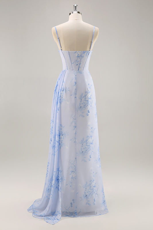 Blue Floral Ruched Corset Long Bridesmaid Dress with Slit