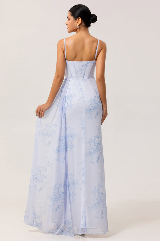 Blue Corset Floral Long Ruched Bridesmaid Dress with Slit