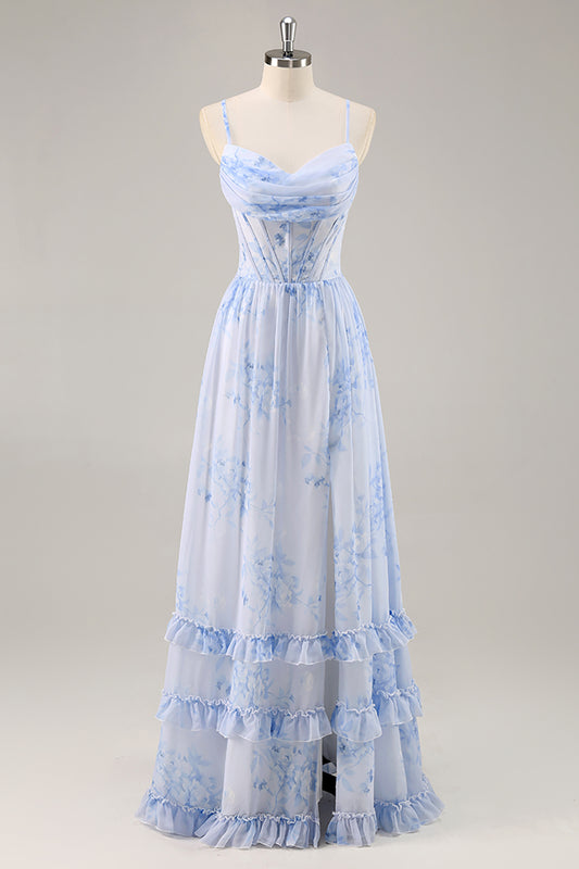 Blue Corset Floral Ruffled Long Bridesmaid Dress with Slit