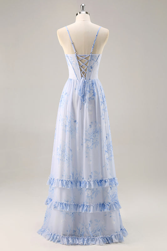 Blue Corset Floral Ruffled Long Bridesmaid Dress with Slit