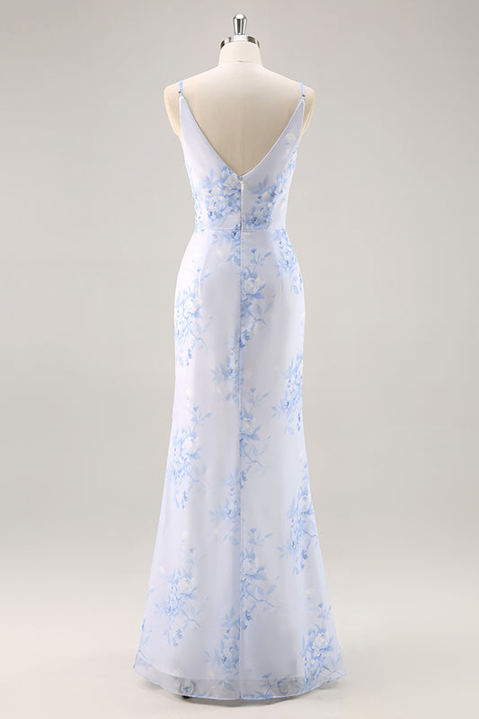 Blue Mermaid Corset Floral V-Neck Long Bridesmaid Dress with Slit