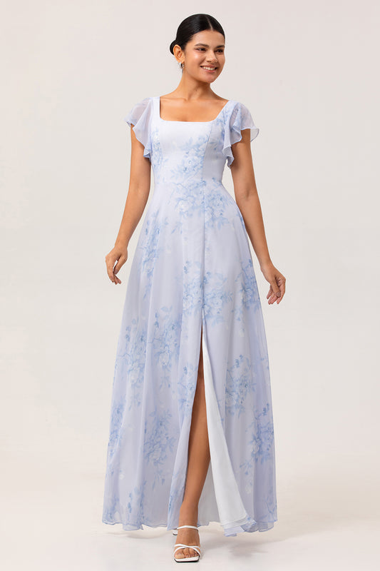 Blue Floral Chiffon Ruffled Scoop Neck Long Bridesmaid Dress with Slit