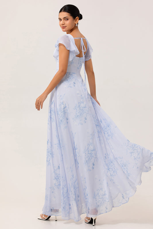 Blue Floral Chiffon Ruffled Scoop Neck Long Bridesmaid Dress with Slit