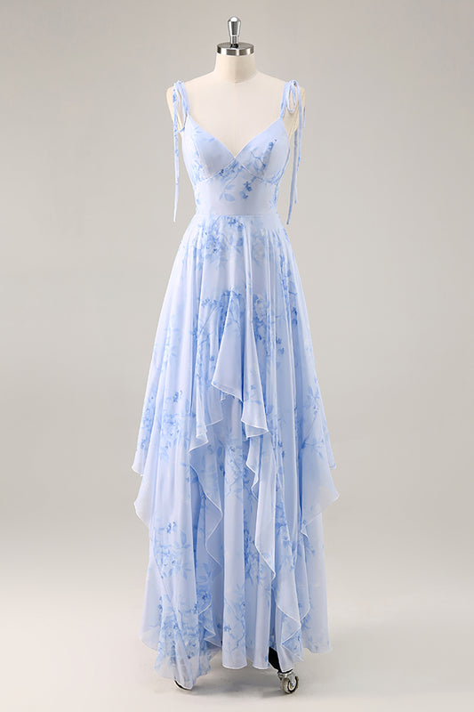 Blue Floral Chiffon Spaghetti Straps Long Bridesmaid Dress with Ruffles