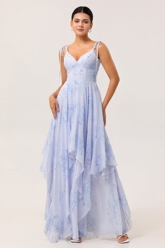 Blue Floral Ruffled Spaghetti Straps Long Chiffon Bridesmaid Dress