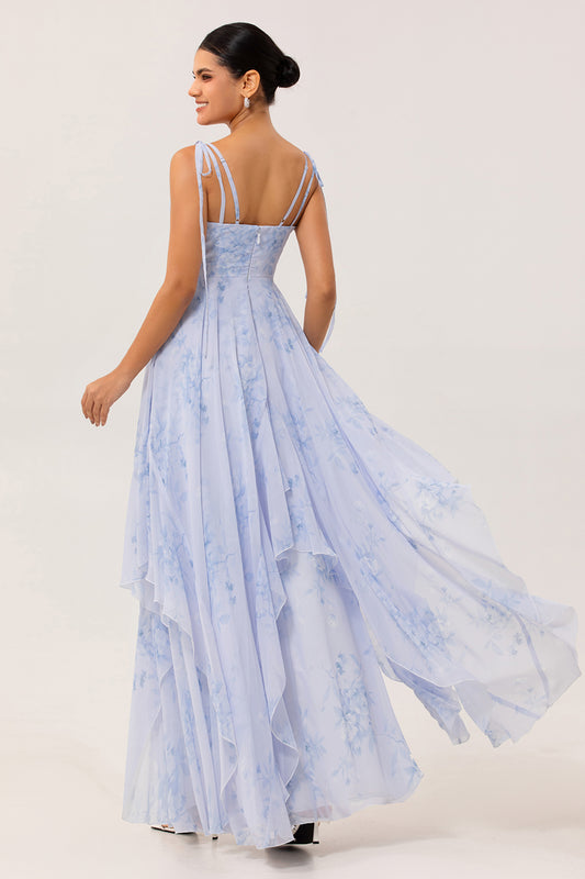 Blue Floral Ruffled Spaghetti Straps Long Chiffon Bridesmaid Dress