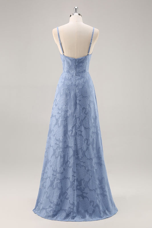 Dusty Blue Floral Lace Spaghetti Straps Long Bridesmaid Dress with Slit