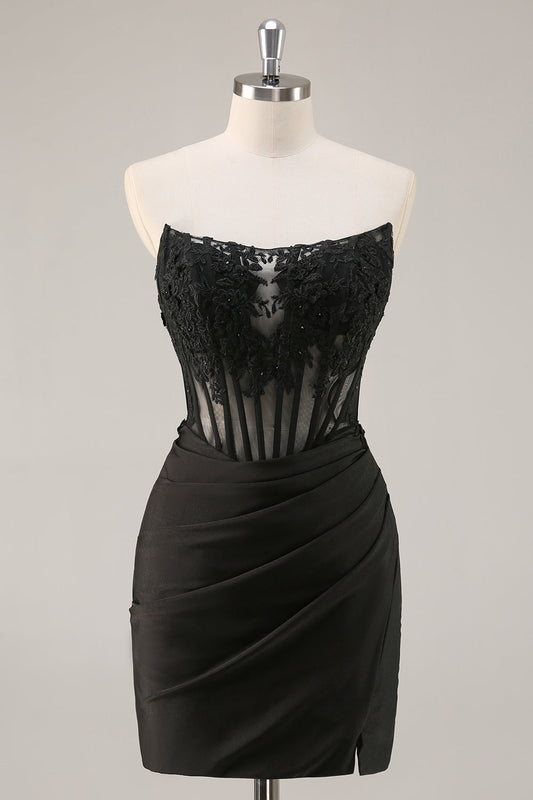 Black Corset Strapless Satin Short Homecoming Dress with Lace