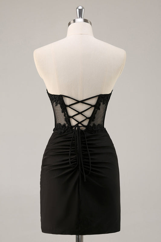 Black Corset Strapless Satin Short Homecoming Dress with Lace
