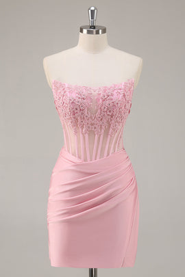 Pink Strapless Bodycon Corset Short Homecoming Dress with Lace
