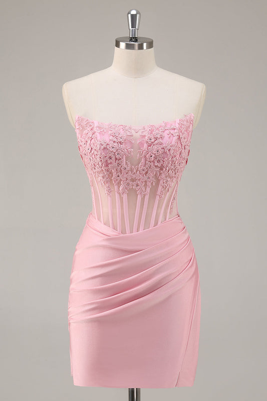 Pink Strapless Bodycon Corset Short Homecoming Dress with Lace