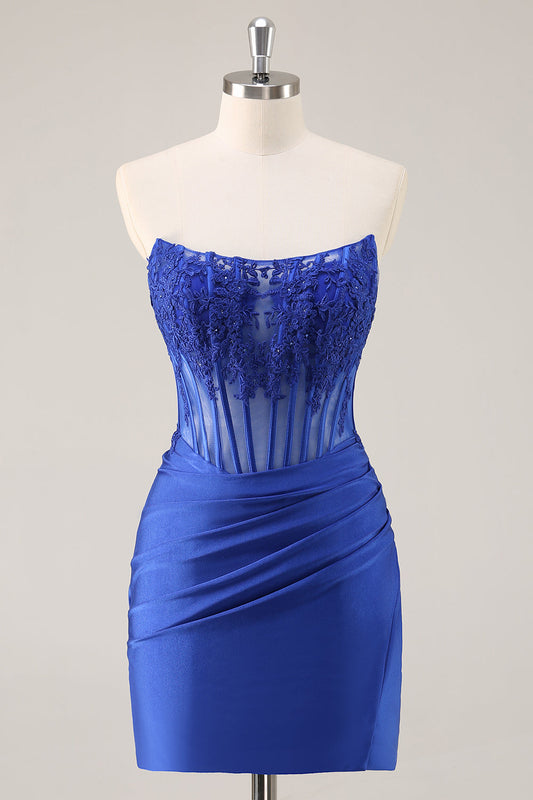 Royal Blue Corset Satin Short Strapless Homecoming Dress with Lace